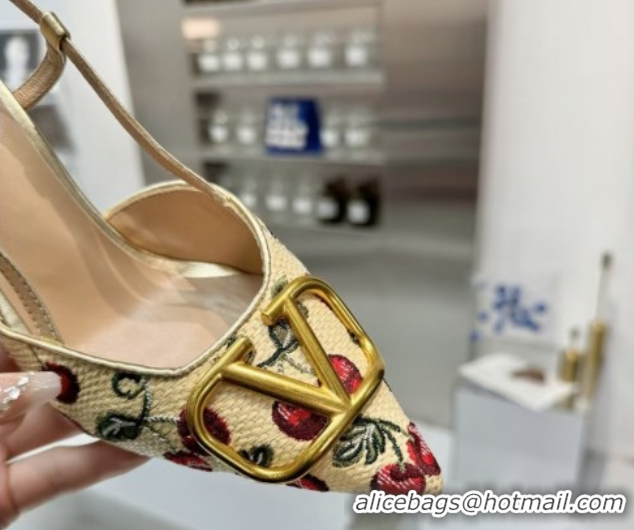 Best Grade Valentino VLogo Signature Cherryfic Slingback Pumps 8cm in Jacquard Synthetic Raffia Gold 0428041