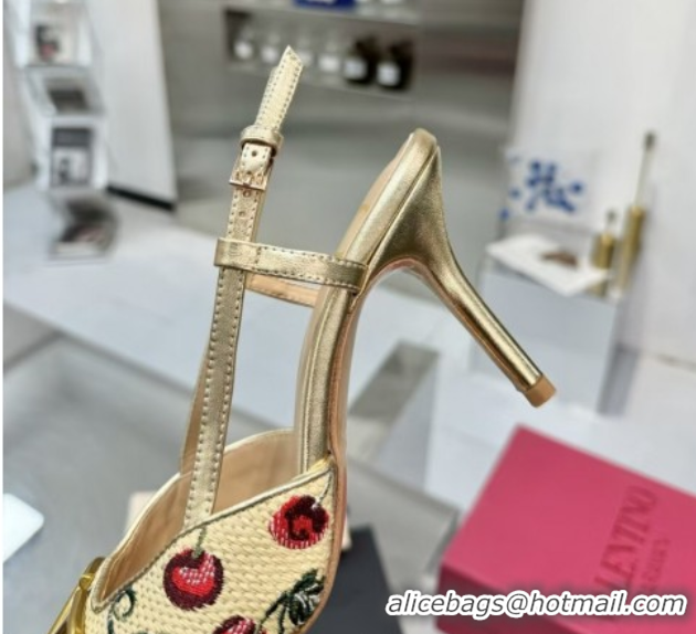 Best Grade Valentino VLogo Signature Cherryfic Slingback Pumps 8cm in Jacquard Synthetic Raffia Gold 0428041