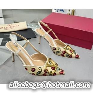 Best Product Valentino VLogo Signature Cherryfic Slingback Pumps 8cm in Jacquard Synthetic Raffia White 0428042