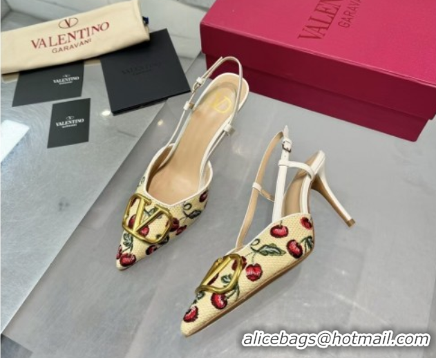 Best Product Valentino VLogo Signature Cherryfic Slingback Pumps 8cm in Jacquard Synthetic Raffia White 0428042