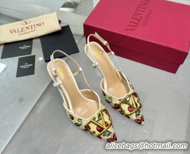 Best Product Valentino VLogo Signature Cherryfic Slingback Pumps 8cm in Jacquard Synthetic Raffia White 0428042