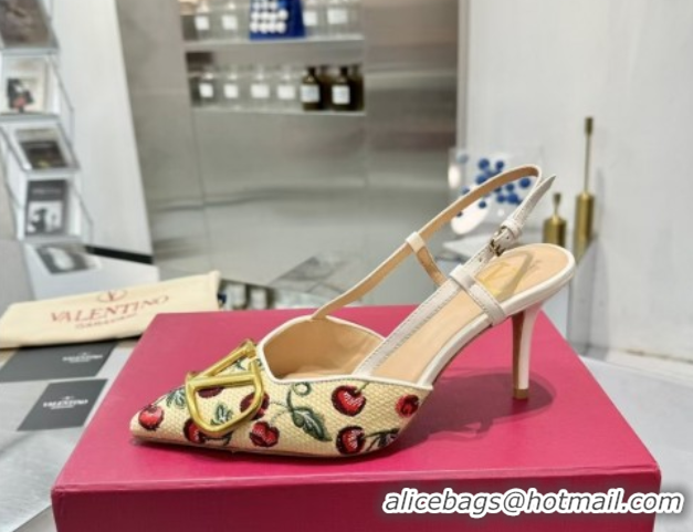 Best Product Valentino VLogo Signature Cherryfic Slingback Pumps 8cm in Jacquard Synthetic Raffia White 0428042