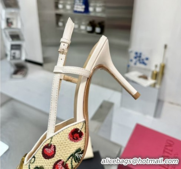 Best Product Valentino VLogo Signature Cherryfic Slingback Pumps 8cm in Jacquard Synthetic Raffia White 0428042