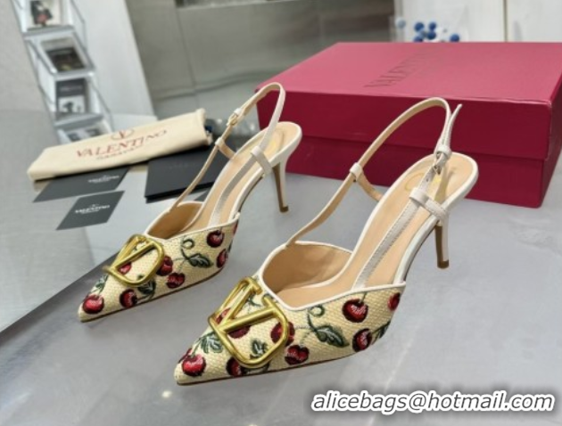Best Product Valentino VLogo Signature Cherryfic Slingback Pumps 8cm in Jacquard Synthetic Raffia White 0428042
