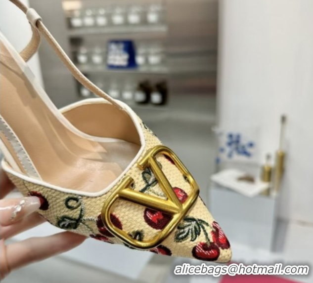 Best Product Valentino VLogo Signature Cherryfic Slingback Pumps 8cm in Jacquard Synthetic Raffia White 0428042