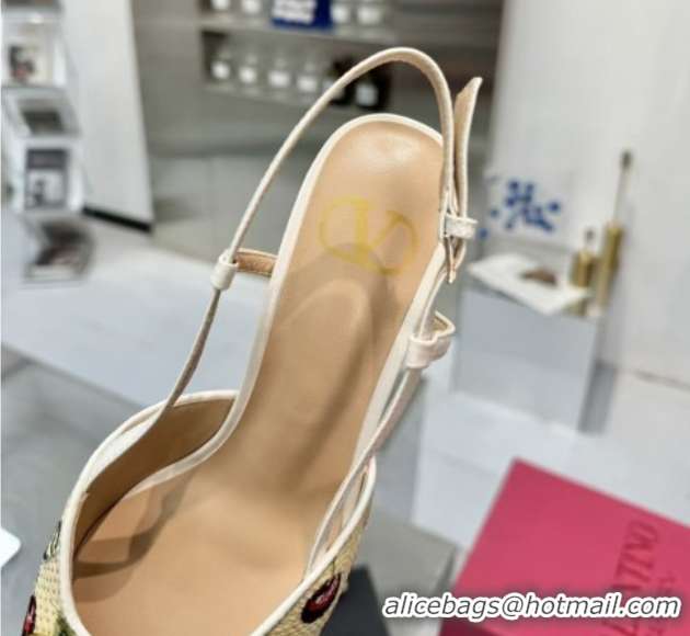 Best Product Valentino VLogo Signature Cherryfic Slingback Pumps 8cm in Jacquard Synthetic Raffia White 0428042