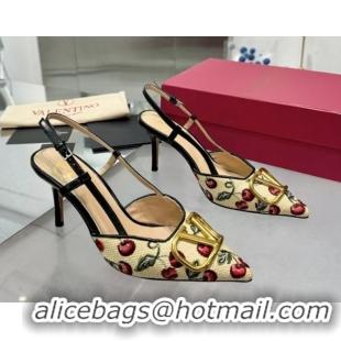 Top Grade Valentino VLogo Signature Cherryfic Slingback Pumps 8cm in Jacquard Synthetic Raffia Black 0428043