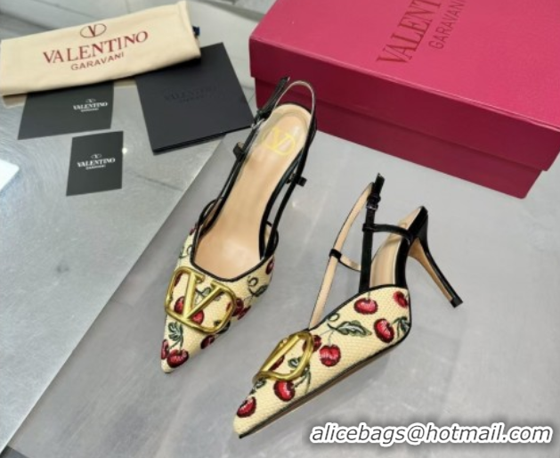 Top Grade Valentino VLogo Signature Cherryfic Slingback Pumps 8cm in Jacquard Synthetic Raffia Black 0428043