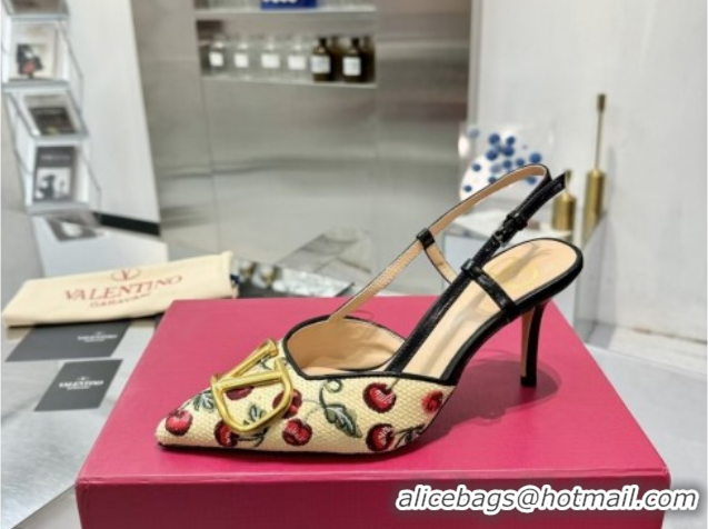 Top Grade Valentino VLogo Signature Cherryfic Slingback Pumps 8cm in Jacquard Synthetic Raffia Black 0428043