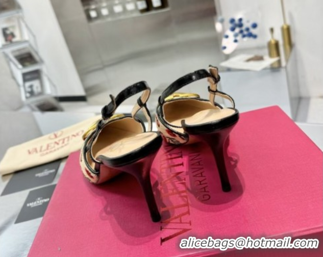 Top Grade Valentino VLogo Signature Cherryfic Slingback Pumps 8cm in Jacquard Synthetic Raffia Black 0428043