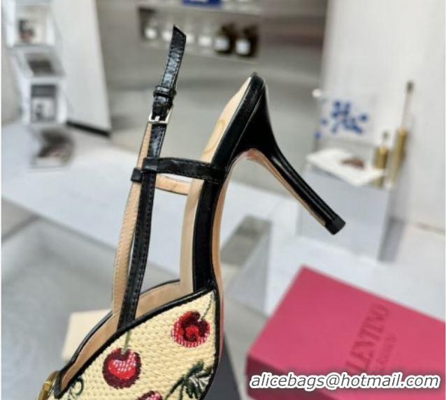 Top Grade Valentino VLogo Signature Cherryfic Slingback Pumps 8cm in Jacquard Synthetic Raffia Black 0428043