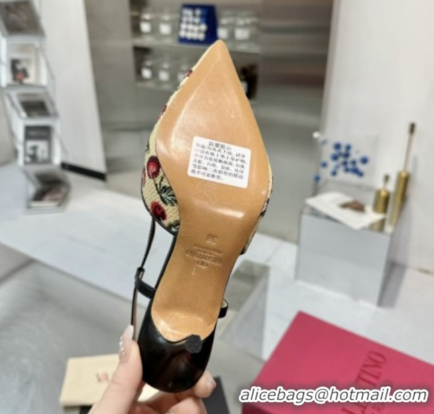 Top Grade Valentino VLogo Signature Cherryfic Slingback Pumps 8cm in Jacquard Synthetic Raffia Black 0428043