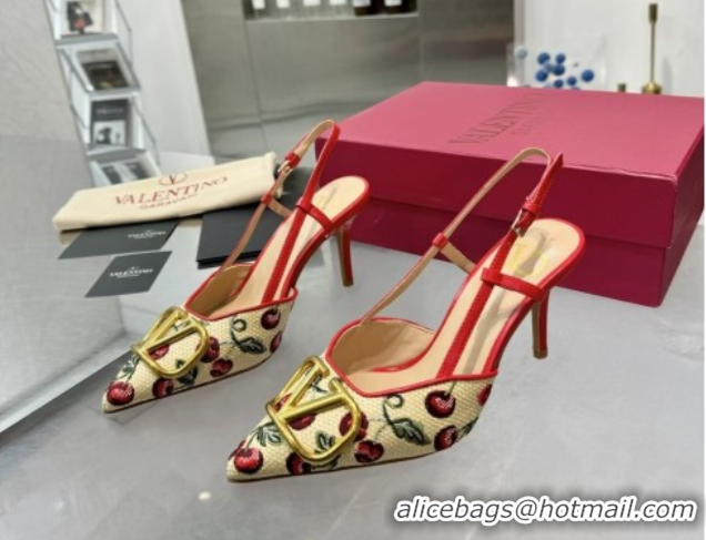 Low Price Valentino VLogo Signature Cherryfic Slingback Pumps 8cm in Jacquard Synthetic Raffia Red 0428044