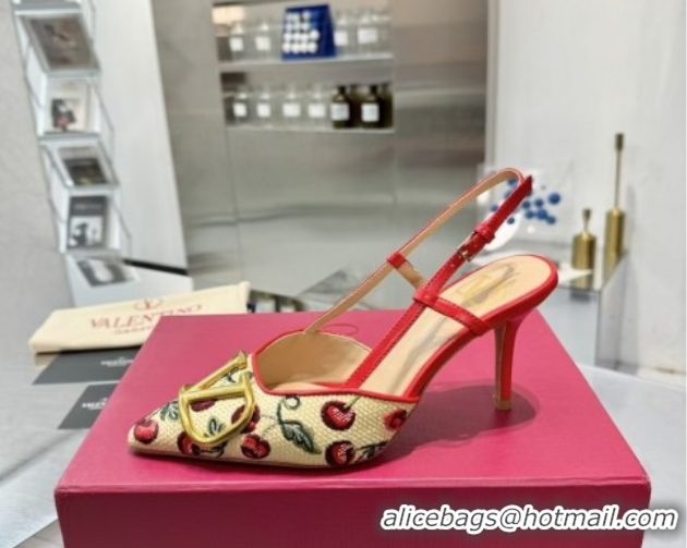 Low Price Valentino VLogo Signature Cherryfic Slingback Pumps 8cm in Jacquard Synthetic Raffia Red 0428044