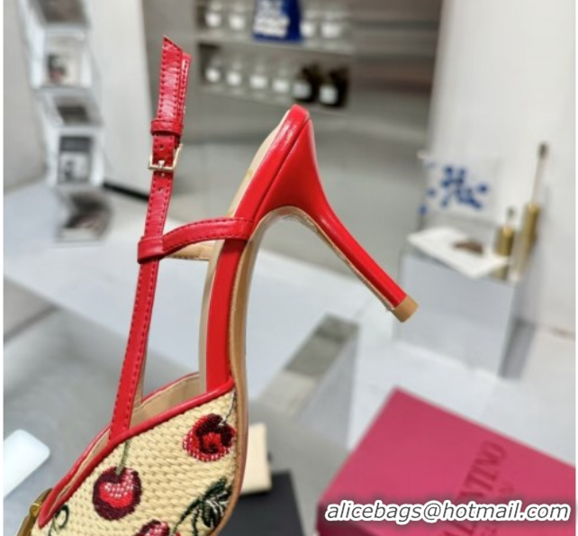 Low Price Valentino VLogo Signature Cherryfic Slingback Pumps 8cm in Jacquard Synthetic Raffia Red 0428044