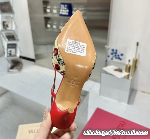 Low Price Valentino VLogo Signature Cherryfic Slingback Pumps 8cm in Jacquard Synthetic Raffia Red 0428044
