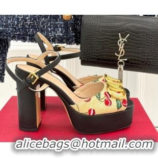 Pretty Style Valentino VLogo Signature Cherryfic Platform Sandals 11cm in Jacquard Synthetic Raffia Black 0428045