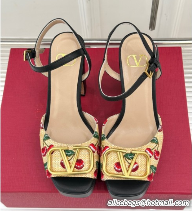 Pretty Style Valentino VLogo Signature Cherryfic Platform Sandals 11cm in Jacquard Synthetic Raffia Black 0428045