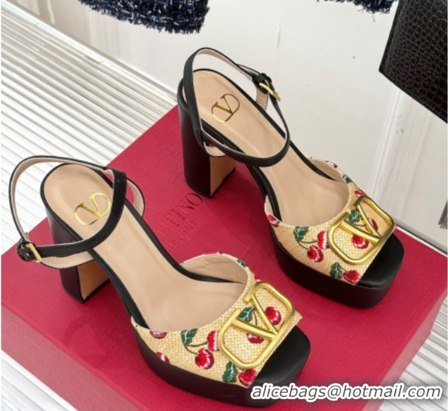 Pretty Style Valentino VLogo Signature Cherryfic Platform Sandals 11cm in Jacquard Synthetic Raffia Black 0428045