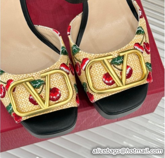 Pretty Style Valentino VLogo Signature Cherryfic Platform Sandals 11cm in Jacquard Synthetic Raffia Black 0428045