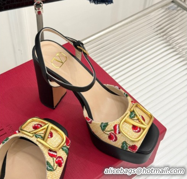Pretty Style Valentino VLogo Signature Cherryfic Platform Sandals 11cm in Jacquard Synthetic Raffia Black 0428045