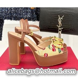 Good Quality Valentino VLogo Signature Cherryfic Platform Sandals 11cm in Jacquard Synthetic Raffia Brown 0428046