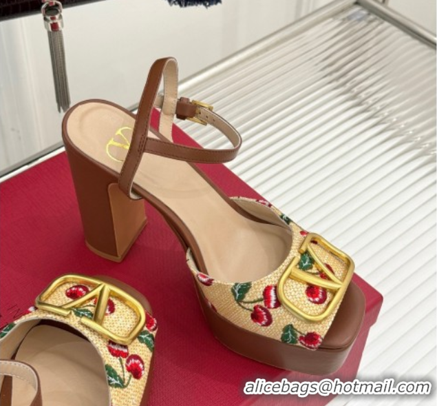 Good Quality Valentino VLogo Signature Cherryfic Platform Sandals 11cm in Jacquard Synthetic Raffia Brown 0428046