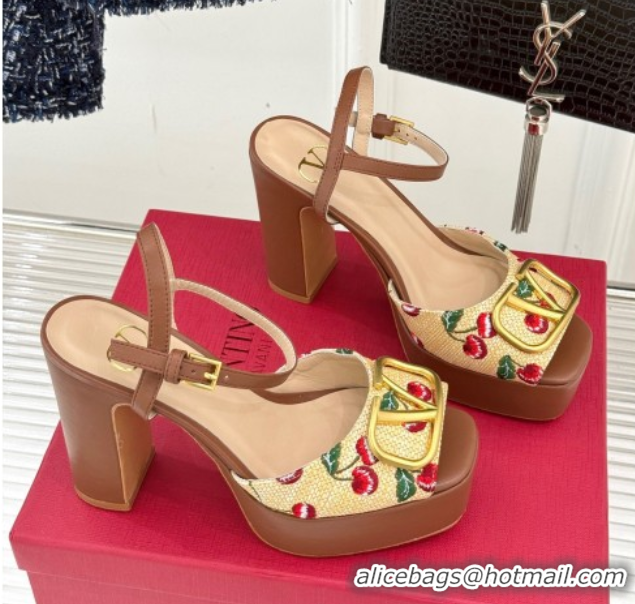 Good Quality Valentino VLogo Signature Cherryfic Platform Sandals 11cm in Jacquard Synthetic Raffia Brown 0428046