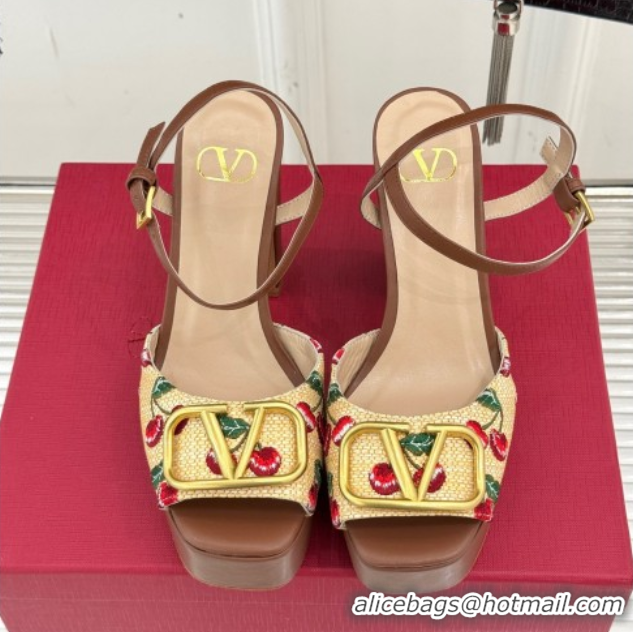 Good Quality Valentino VLogo Signature Cherryfic Platform Sandals 11cm in Jacquard Synthetic Raffia Brown 0428046