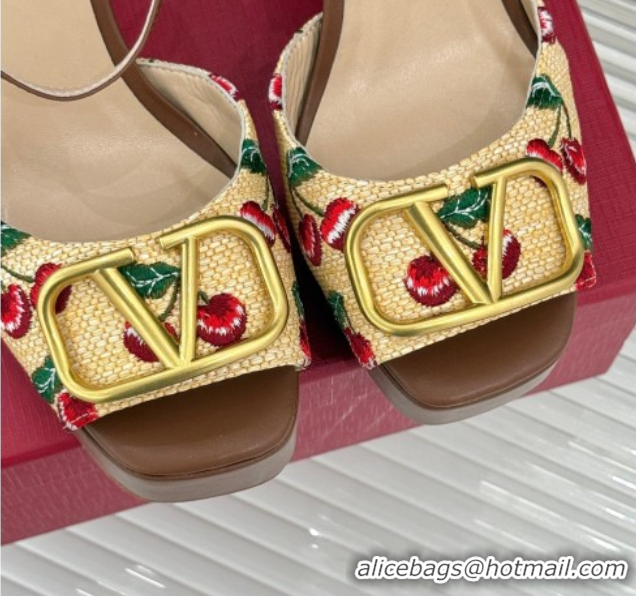 Good Quality Valentino VLogo Signature Cherryfic Platform Sandals 11cm in Jacquard Synthetic Raffia Brown 0428046