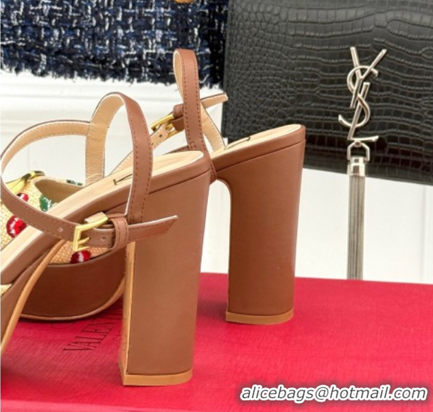 Good Quality Valentino VLogo Signature Cherryfic Platform Sandals 11cm in Jacquard Synthetic Raffia Brown 0428046