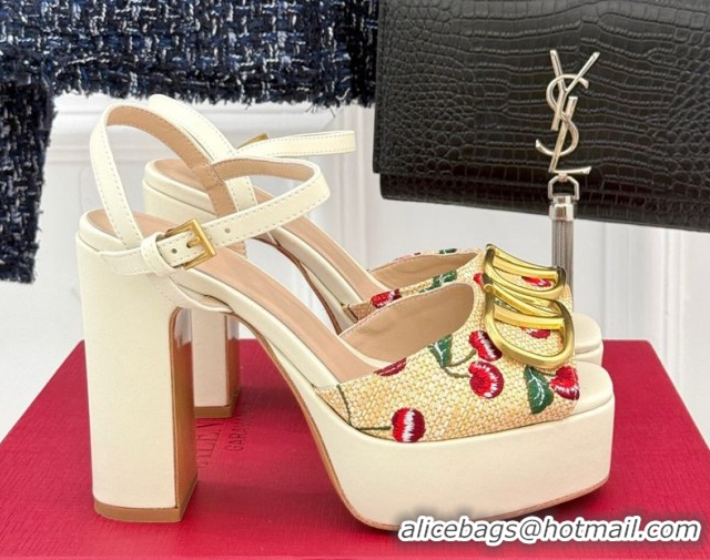 Best Product Valentino VLogo Signature Cherryfic Platform Sandals 11cm in Jacquard Synthetic Raffia White 0428047