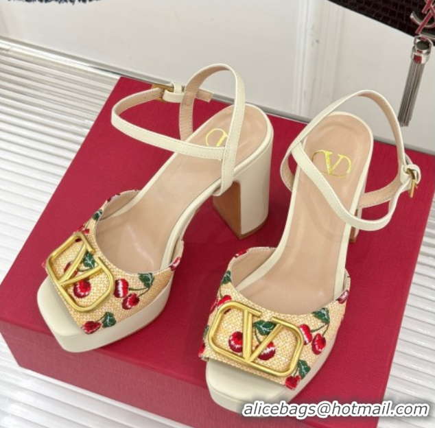 Best Product Valentino VLogo Signature Cherryfic Platform Sandals 11cm in Jacquard Synthetic Raffia White 0428047