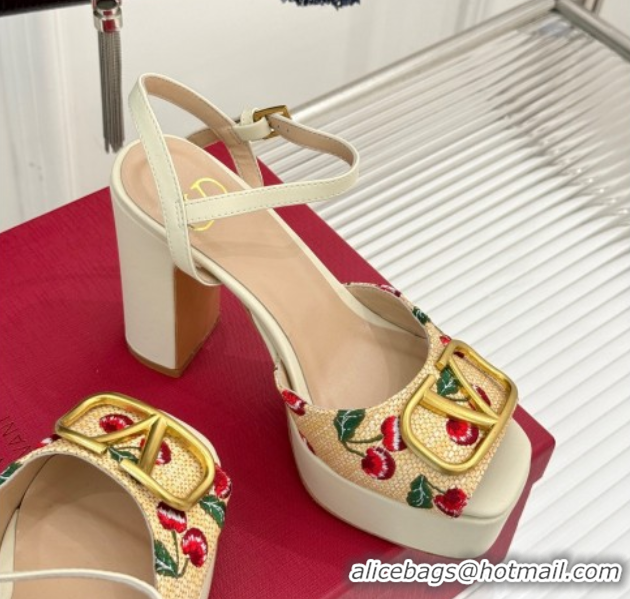 Best Product Valentino VLogo Signature Cherryfic Platform Sandals 11cm in Jacquard Synthetic Raffia White 0428047