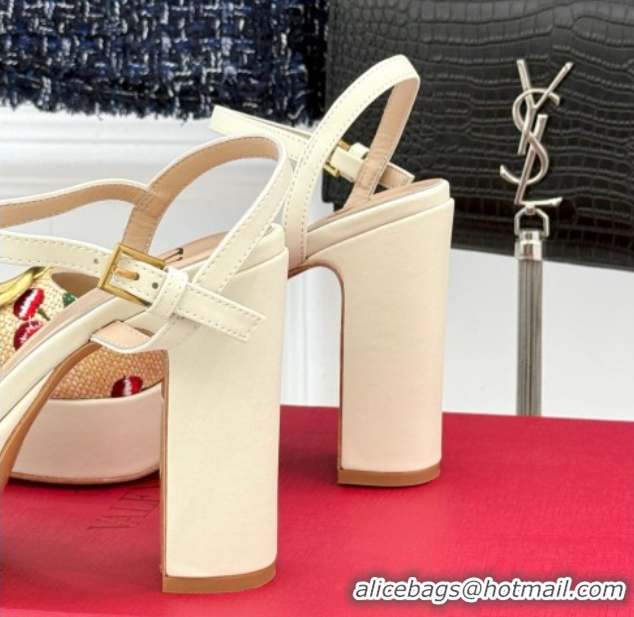 Best Product Valentino VLogo Signature Cherryfic Platform Sandals 11cm in Jacquard Synthetic Raffia White 0428047