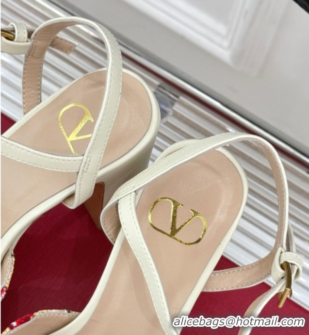 Best Product Valentino VLogo Signature Cherryfic Platform Sandals 11cm in Jacquard Synthetic Raffia White 0428047