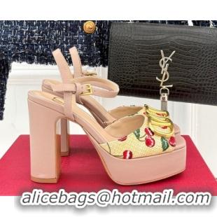 Valentino VLogo Signature Cherryfic Platform Sandals 11cm in Jacquard Synthetic Raffia Light Pink 0428048