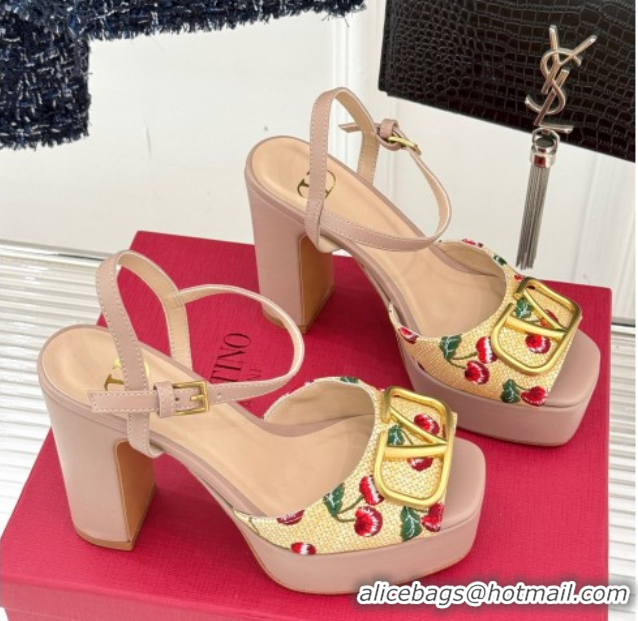 Valentino VLogo Signature Cherryfic Platform Sandals 11cm in Jacquard Synthetic Raffia Light Pink 0428048