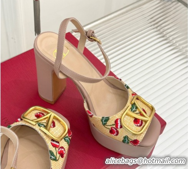 Valentino VLogo Signature Cherryfic Platform Sandals 11cm in Jacquard Synthetic Raffia Light Pink 0428048