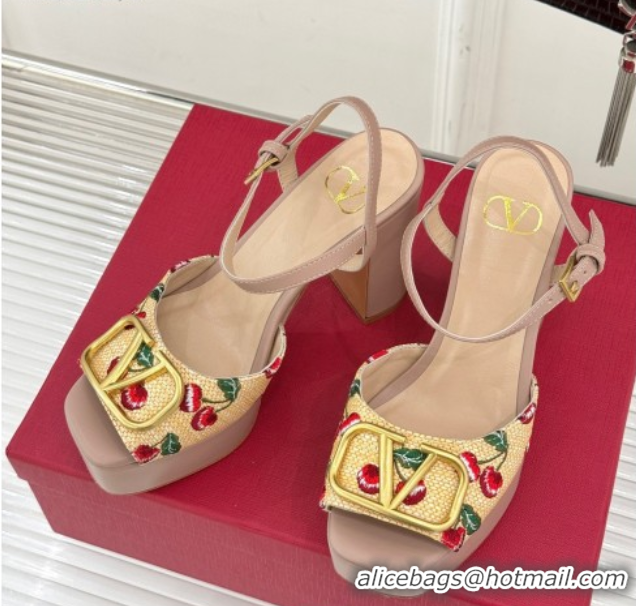 Valentino VLogo Signature Cherryfic Platform Sandals 11cm in Jacquard Synthetic Raffia Light Pink 0428048