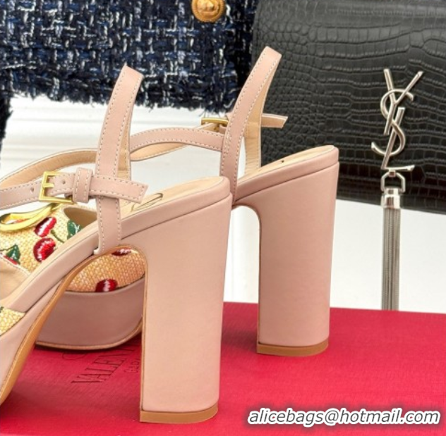 Valentino VLogo Signature Cherryfic Platform Sandals 11cm in Jacquard Synthetic Raffia Light Pink 0428048