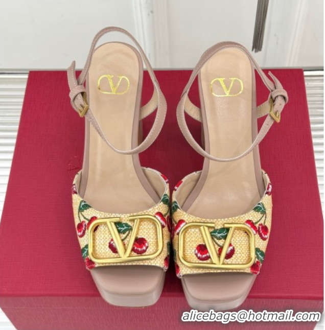 Valentino VLogo Signature Cherryfic Platform Sandals 11cm in Jacquard Synthetic Raffia Light Pink 0428048