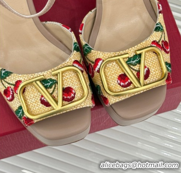 Valentino VLogo Signature Cherryfic Platform Sandals 11cm in Jacquard Synthetic Raffia Light Pink 0428048