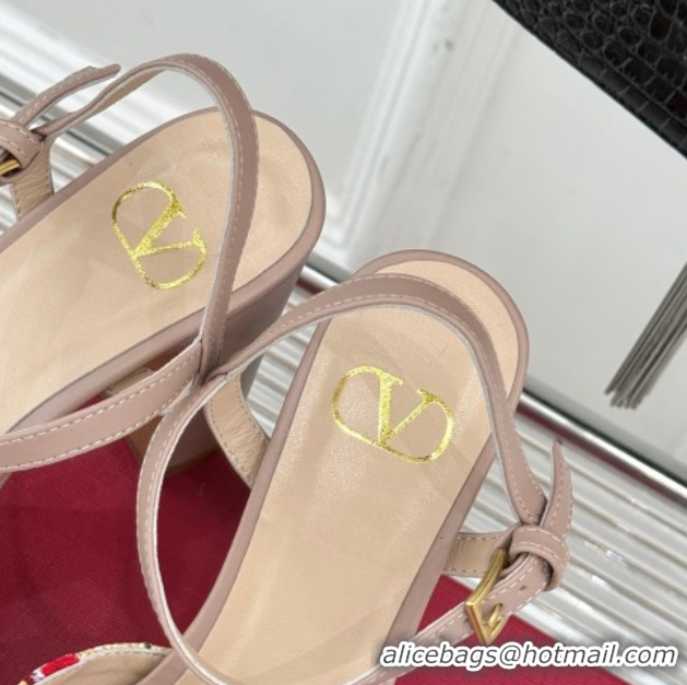 Valentino VLogo Signature Cherryfic Platform Sandals 11cm in Jacquard Synthetic Raffia Light Pink 0428048