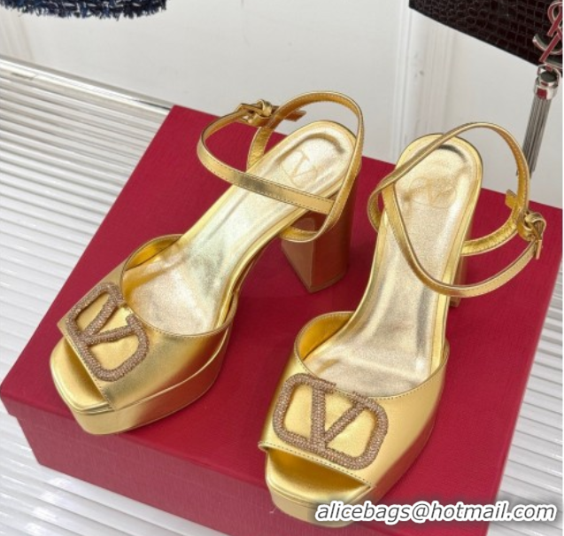 Best Grade Valentino Strass VLogo Signature Platform Sandals 11cm in Metallic Leather Gold 2025 VLTN111802