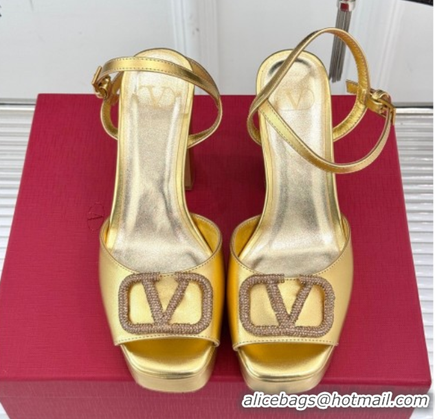 Best Grade Valentino Strass VLogo Signature Platform Sandals 11cm in Metallic Leather Gold 2025 VLTN111802