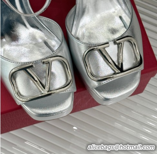Good Quality Valentino VLogo Signature Platform Sandals 11cm in Metallic Calfskin Leather Silver 2025 VLTN111802