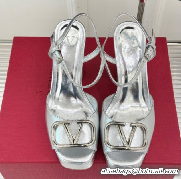 Good Quality Valentino VLogo Signature Platform Sandals 11cm in Metallic Calfskin Leather Silver 2025 VLTN111802