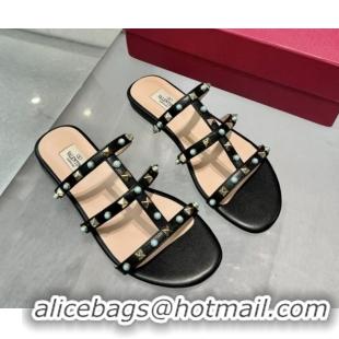 Grade Quality Valentino Rockstud Flat Slides Sandal in Calfskin with Stones Black 2025 VLTN042803