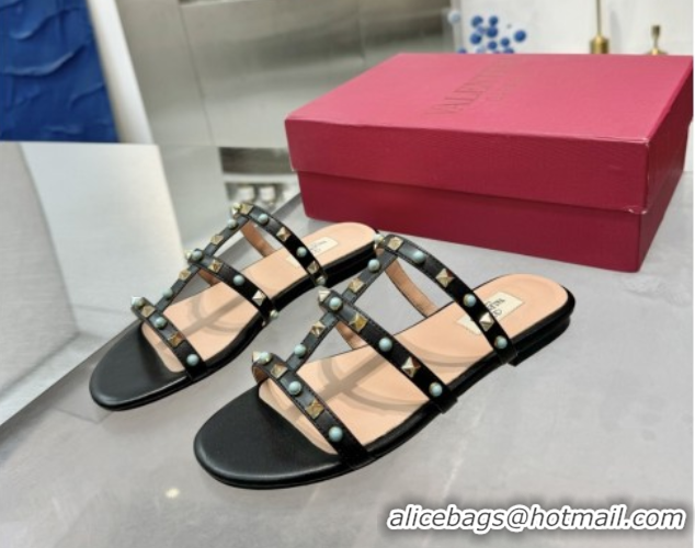 Grade Quality Valentino Rockstud Flat Slides Sandal in Calfskin with Stones Black 2025 VLTN042803
